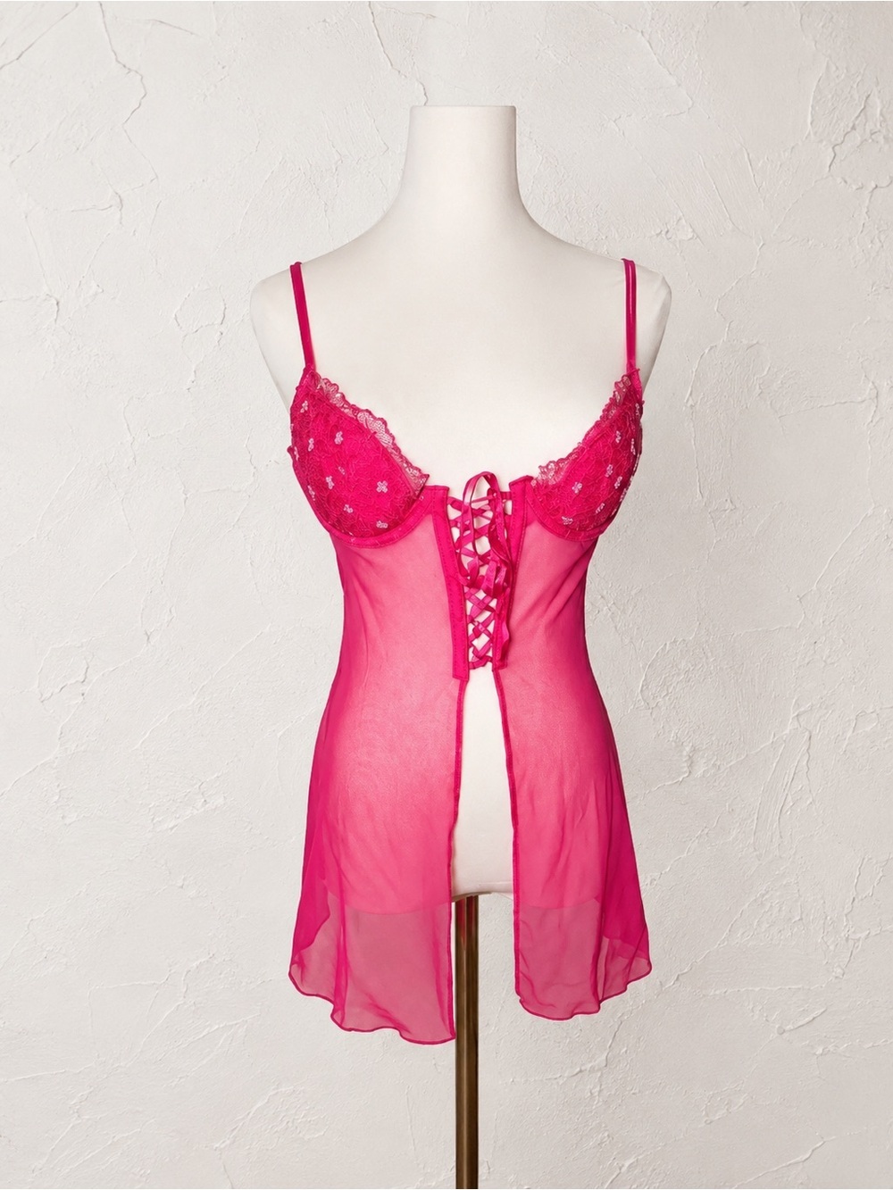 y2k Women Pink Sheer Babydoll Lace  Up Split Front Lingerie Top S